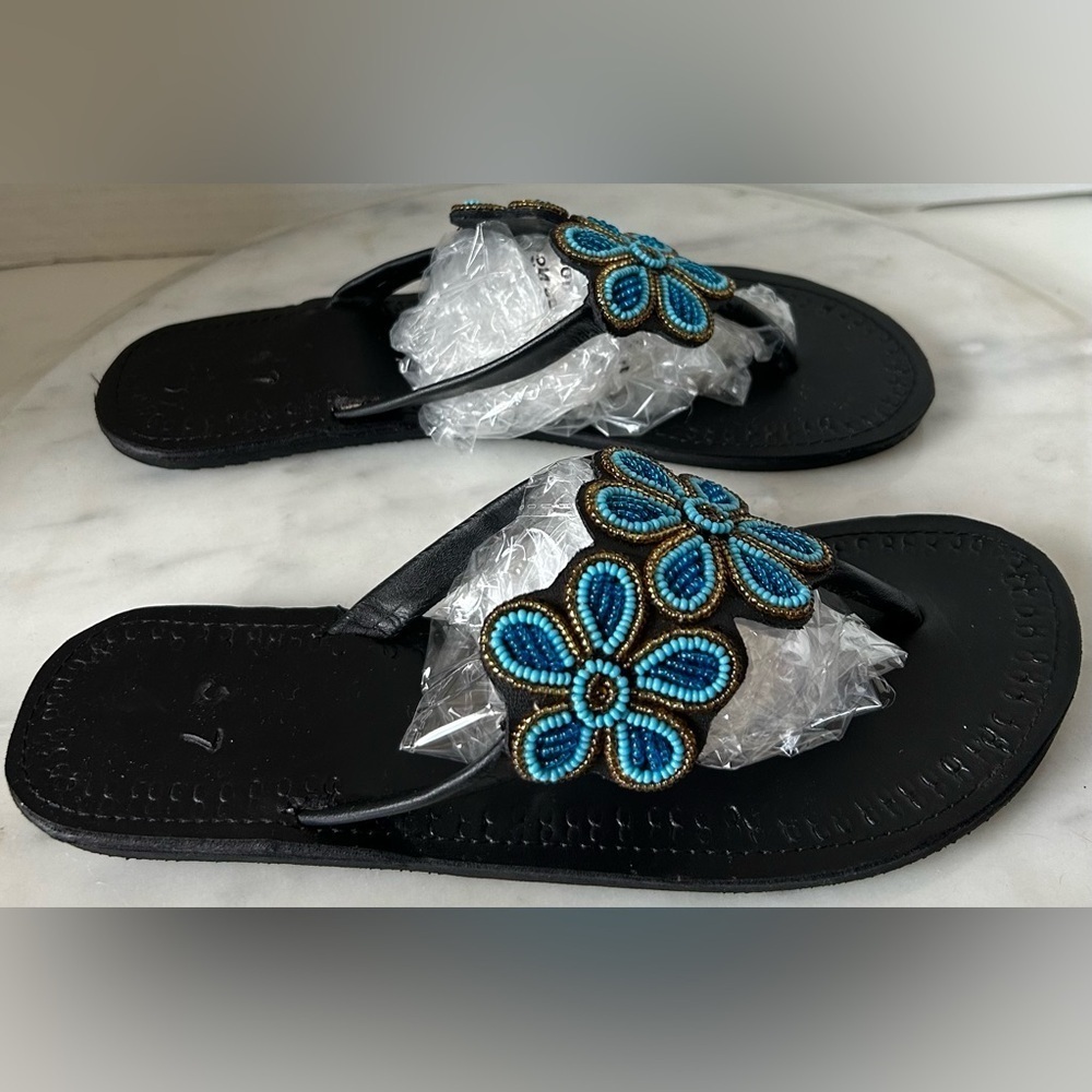 BRAND NEW 100% HANDMADE LEATHER BEADED SANDALS. US 6.5 ABSOLUTELY GORGEOUS! - Picture 3 of 8